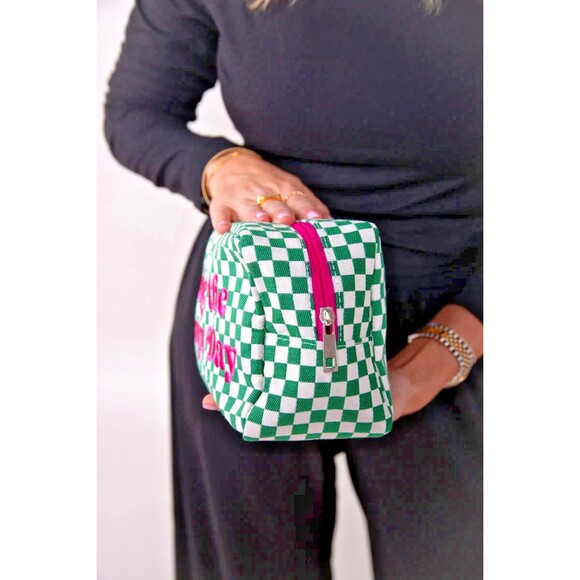 PINKTAG Seize The Damn Day Checkered Cosmetic Bag, Totalee Gift Green Checkered - Picture 3 of 10